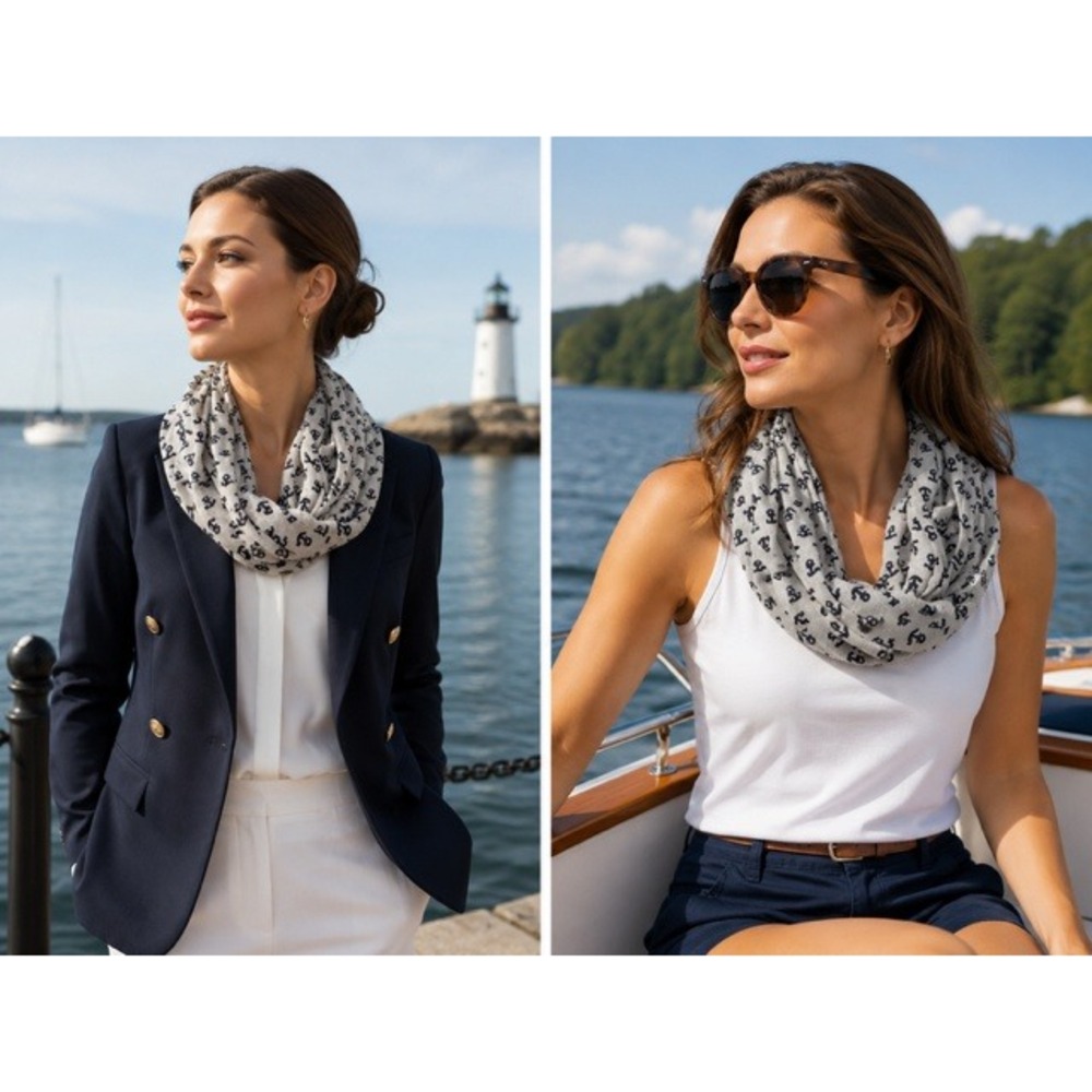 Sperry Top-Sider Womens Anchor Print Infinity Scarf Heather Grey Navy Nautical